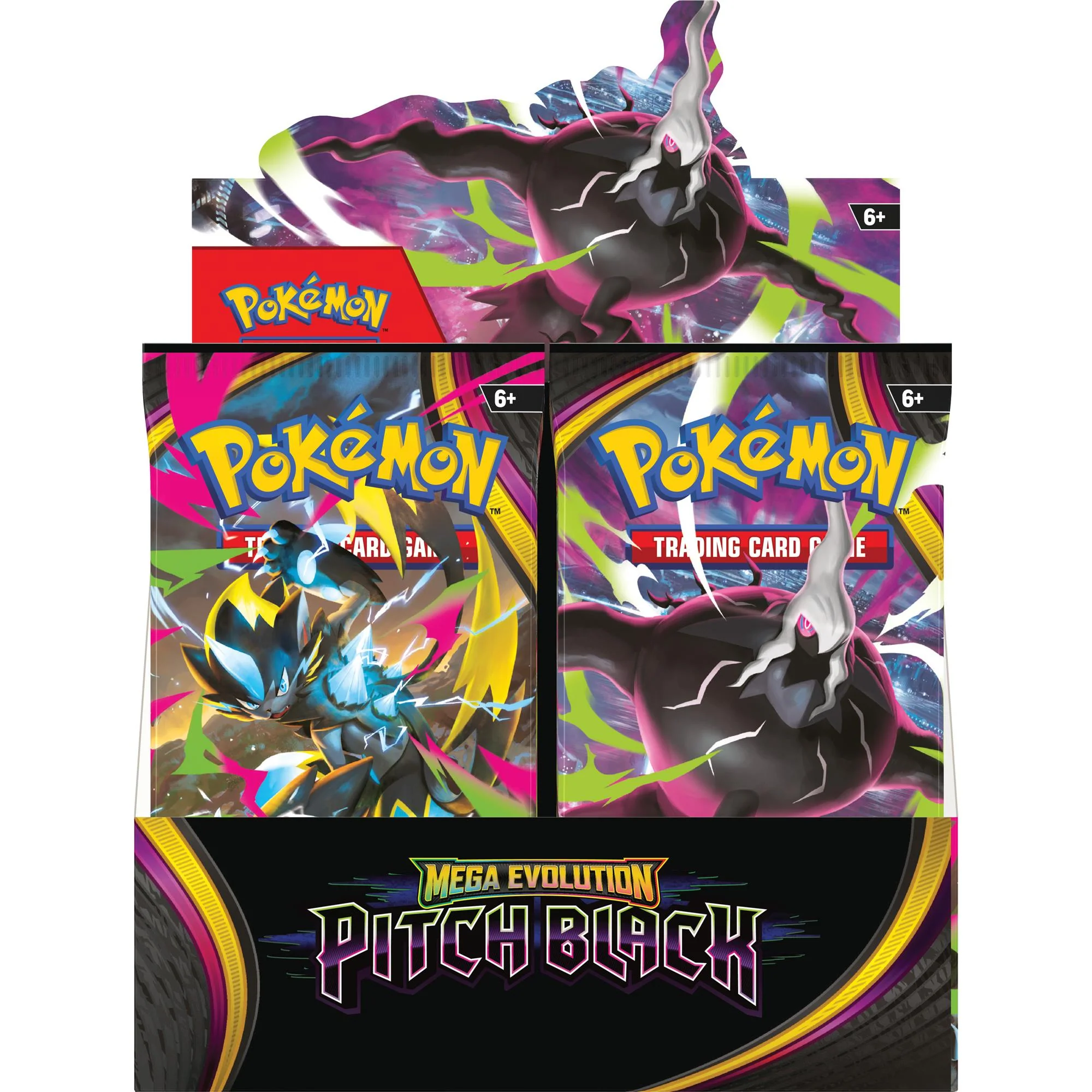 A sealed Pokémon Trading Card Game Mega Evolution Pitch Black booster display box with booster packs standing upright.